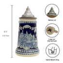 Bavarian Castle Engraved Ceramic Beer Stein with Ornate Metal Lid