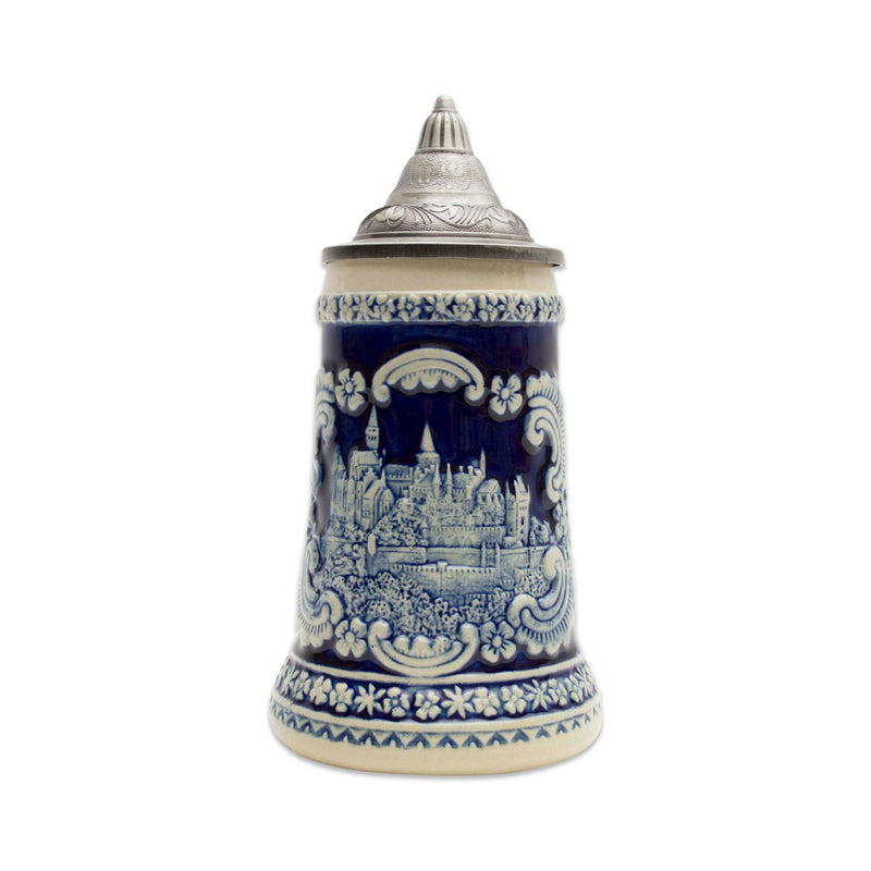 Bavarian Castle Engraved Ceramic Beer Stein with Ornate Metal Lid