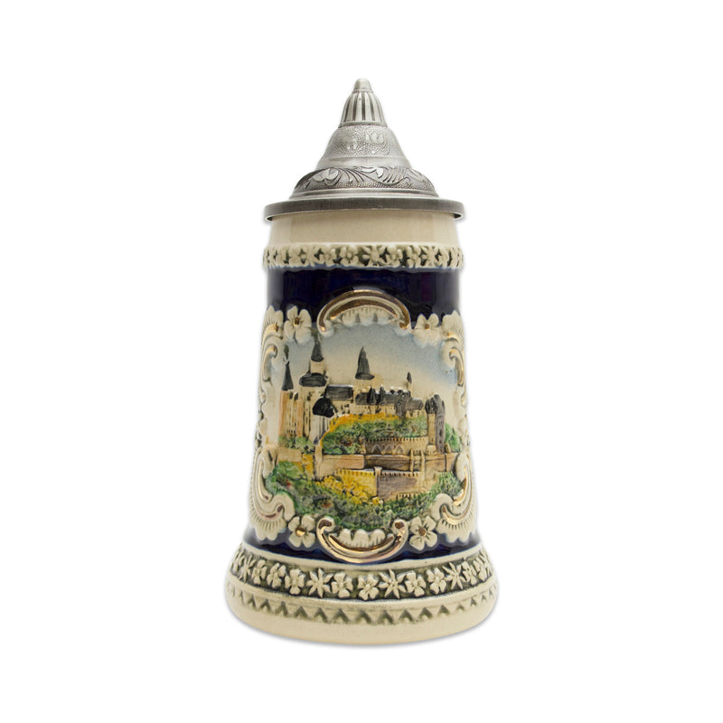 Bavarian Castle Engraved Ceramic Beer Stein w/Lid