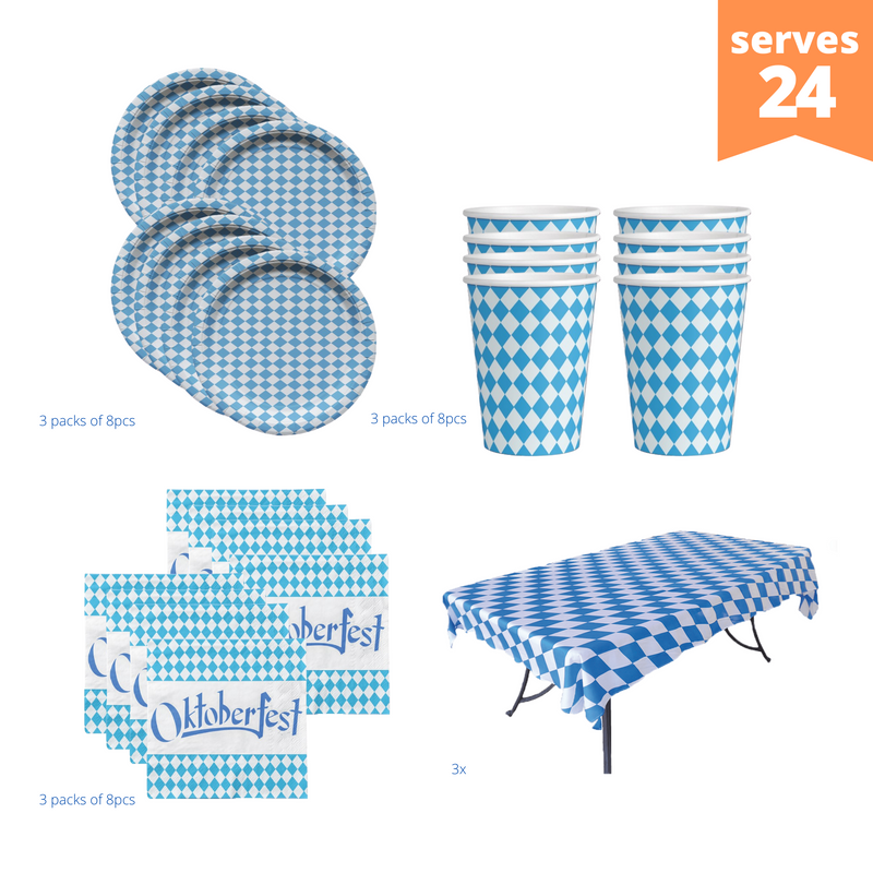 All-in-One Oktoberfest Party Pack Bundle with Bavarian Themed Plastic Deli Tableclothe, Paper Plates, Cups, Napkins, Toothpicks & Banners