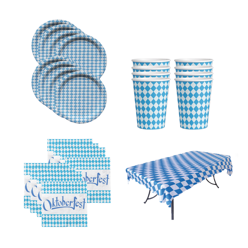 All-in-One Oktoberfest Party Pack Bundle with Bavarian Themed Plastic Deli Tableclothe, Paper Plates, Cups, Napkins, Toothpicks & Banners