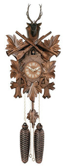 Eight Day Hunter's Cuckoo Clock with Hand-carved Maple Leaves, Rifles, and Buck-15"Tall - GermanGiftOutlet.com