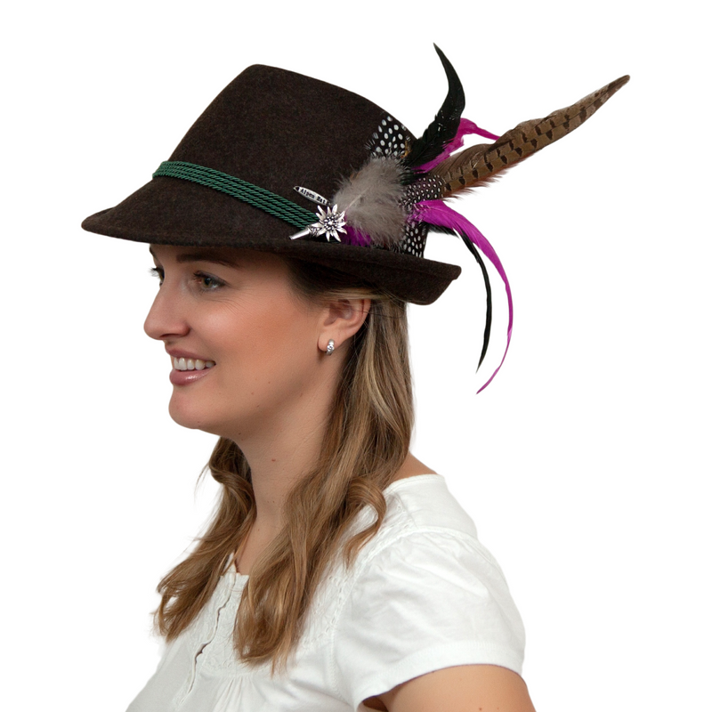 Deluxe German themed Hat Pin w/ Purple & Brown Feathers