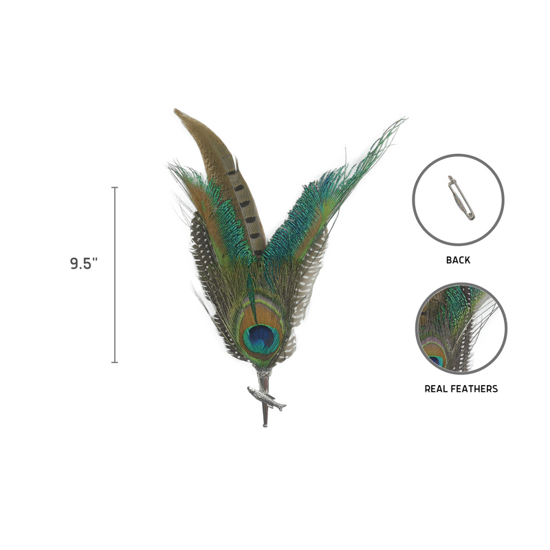 Peacock  Pheasant Feather Hat Pin with Fish Medallion