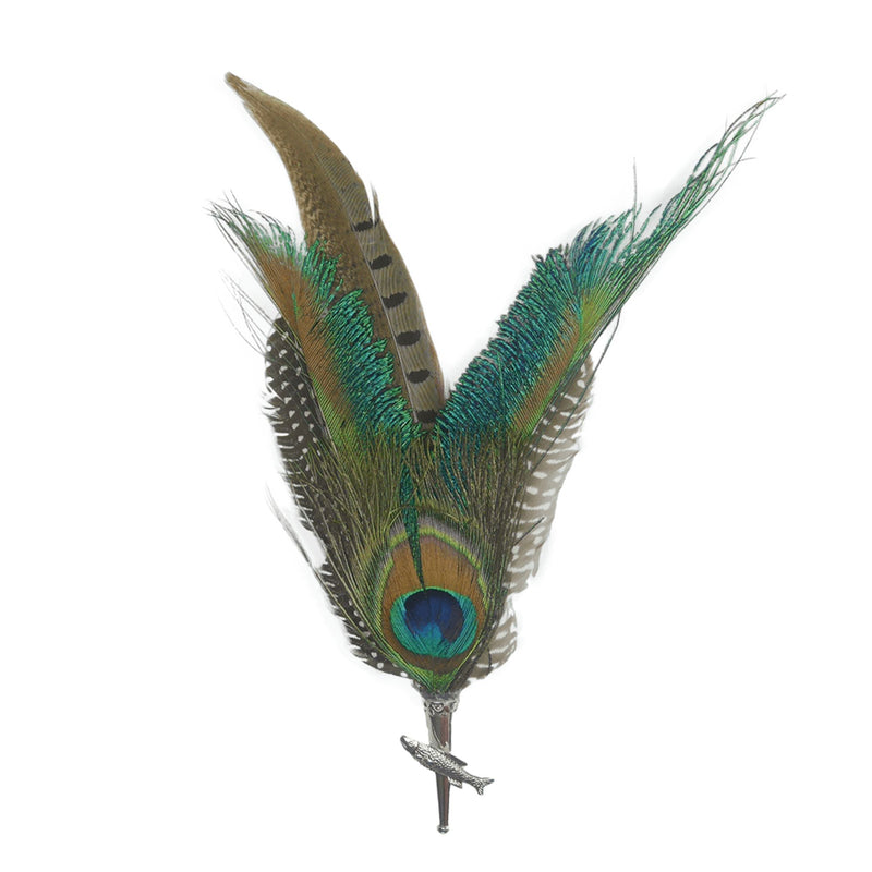 Peacock  Pheasant Feather Hat Pin with Fish Medallion