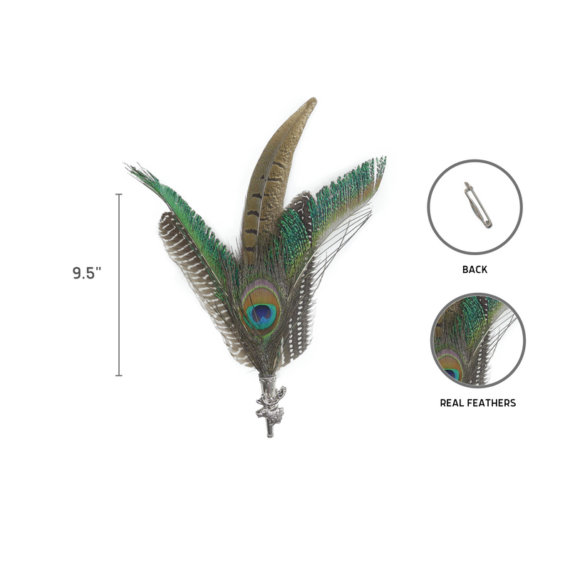 Peacock  Pheasant Feather Hat Pin with Stag Medallion