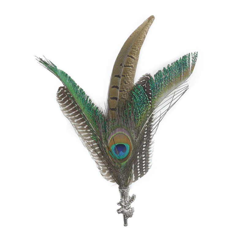 Peacock  Pheasant Feather Hat Pin with Stag Medallion