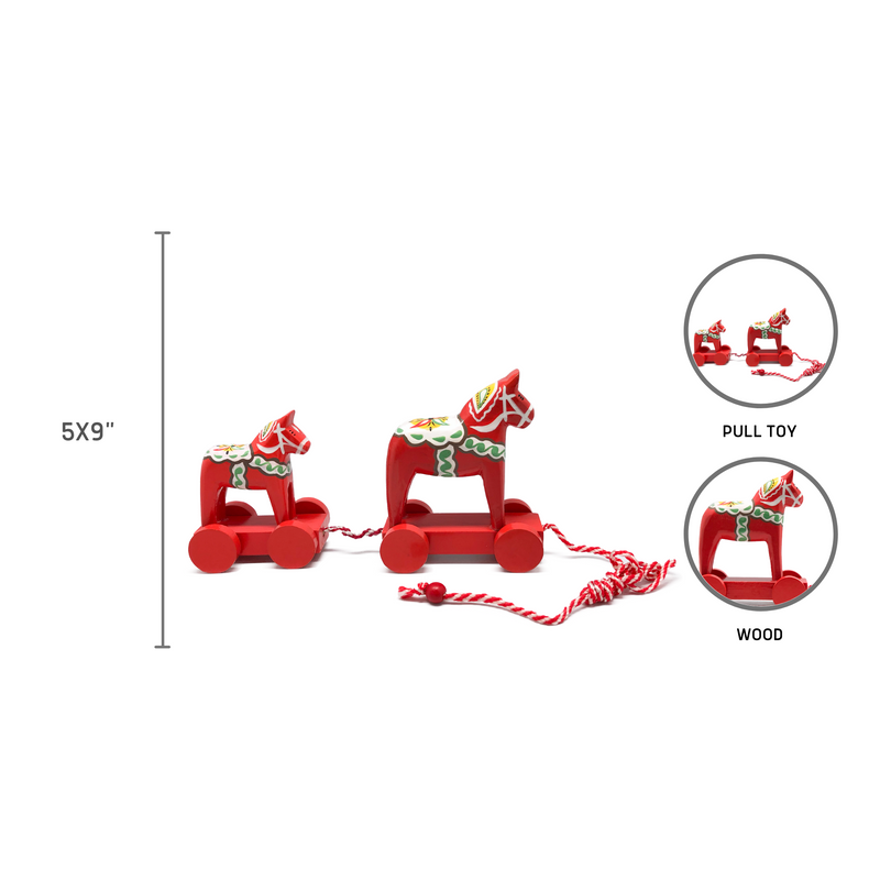 Swedish Themed Two Wooden Red Dala Horses Pull Toy