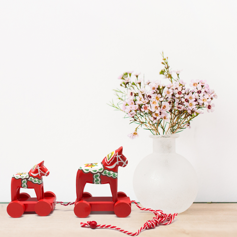 Swedish Themed Two Wooden Red Dala Horses Pull Toy