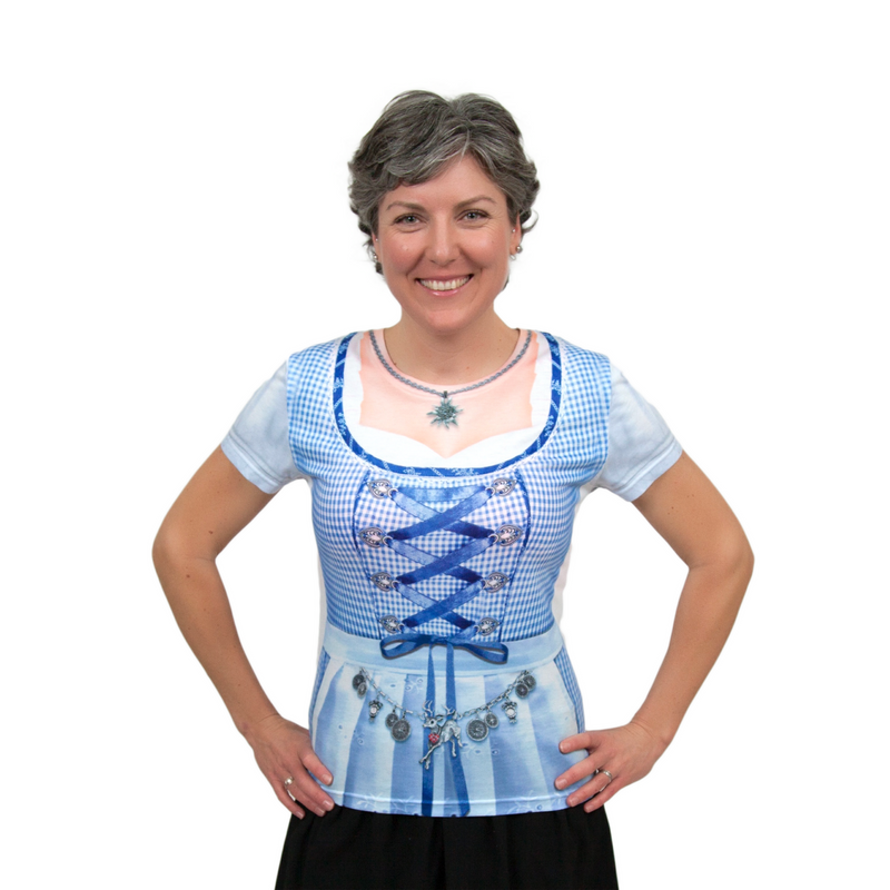 German Costume Dirndl Realistic Faux Blue Shirt