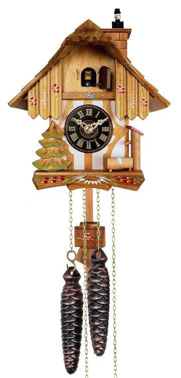 One Day Chalet Style German Cuckoo Clock with Chimney Sweeper that Pops In and Out of the Chimney 9" Tall - GermanGiftOutlet.com
