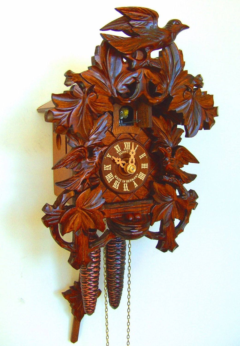 Schneider 11" Eight Leaves and Three Birds Black Forest Honey Colored German Cuckoo Clock - GermanGiftOutlet.com
