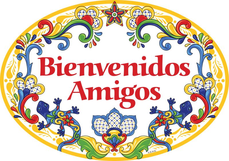 "Bienvenidos Amigos" Decorative Yellow Ceramic Door Sign Geckos Motif-