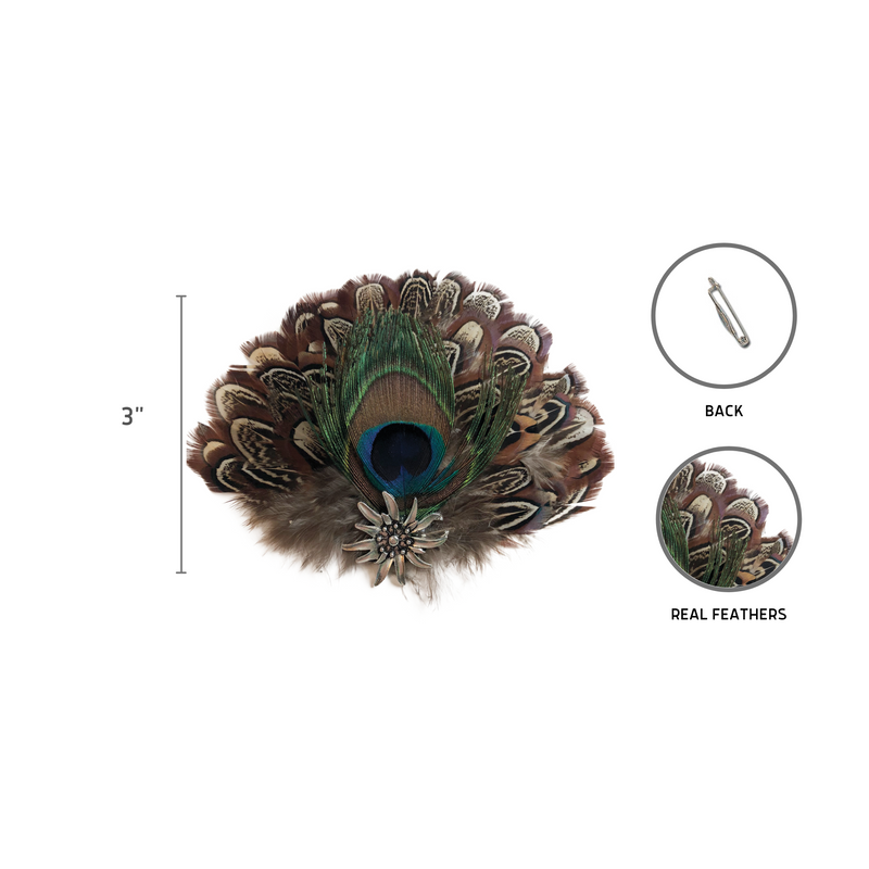 German Themed Deluxe Hat Pin Peacock  Brown Hat Feathers