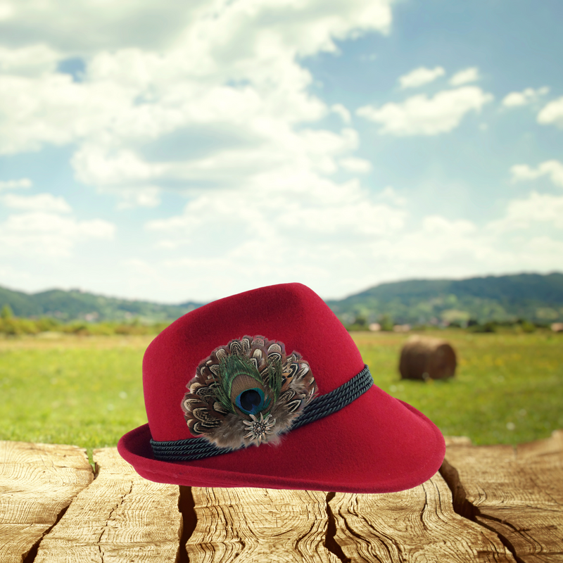 German Themed Deluxe Hat Pin Peacock  Brown Hat Feathers