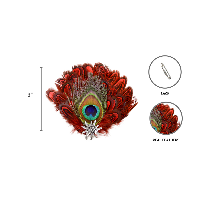 German Themed Deluxe Hat Pin with Peacock  Red Feathers