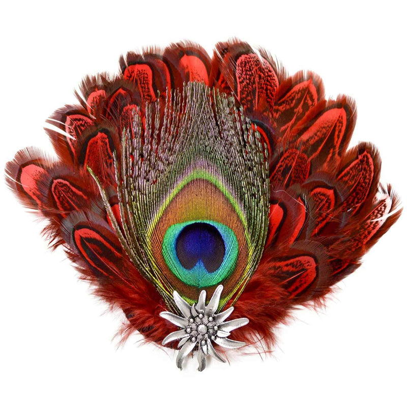 German Hat Pin Deluxe Peacock  Red Hat Feathers -1