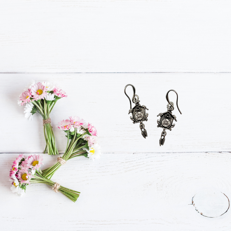 German Cuckoo Clock Pendant Silver Plated Earrings