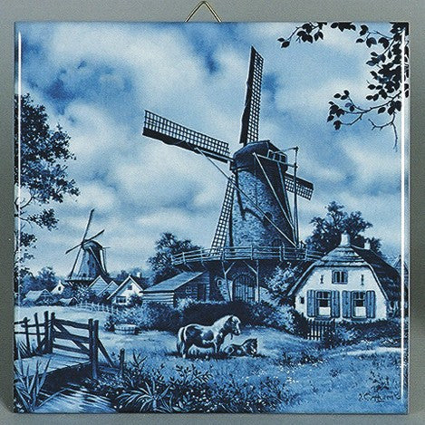 Dutch Wall Plaque Delft Blue Tile Mill/Pony - GermanGiftOutlet.com
