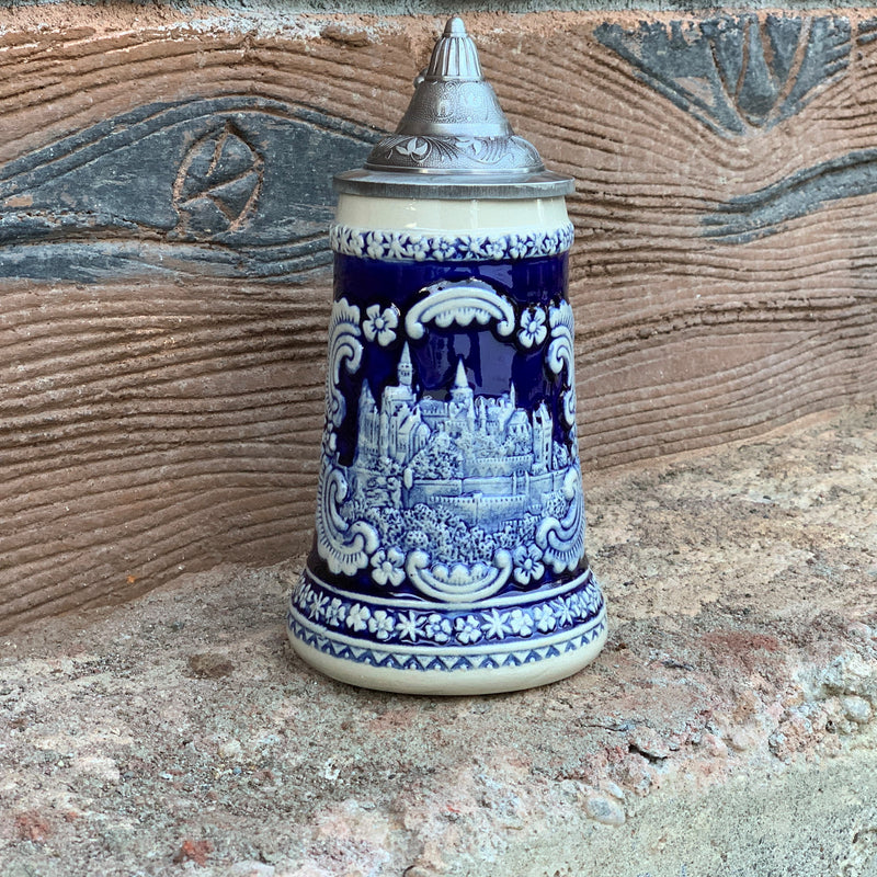 Bavarian Castle Engraved Ceramic Beer Stein with Ornate Metal Lid