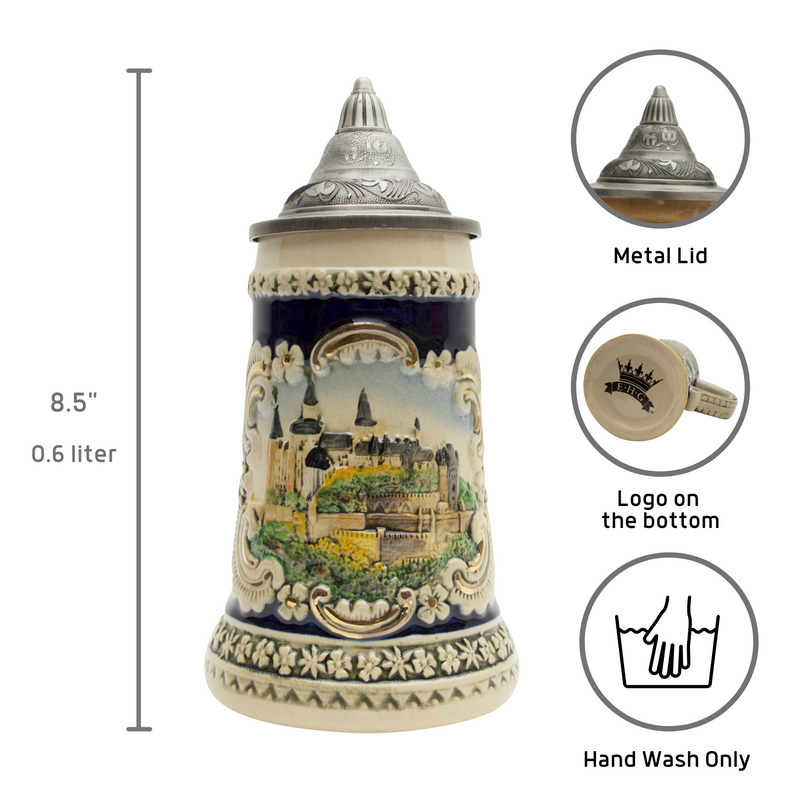 Bavarian Castle Engraved Ceramic Beer Stein w/Lid