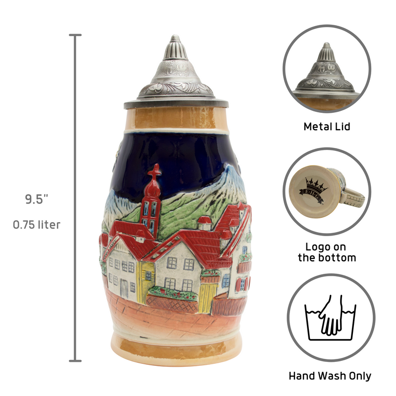 Engraved Beer Mug Alpine Village Beer Stein .75L with Lid