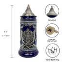 Engraved Ceramic Beer Stein .75L Eagle Medallion with Metal Lid