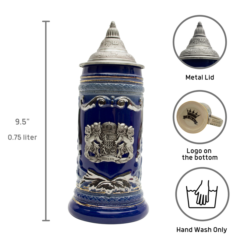 Lidded Beer Stein .75L Raised Relief  Bayern Metal Medallion