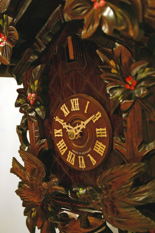 Eight Day Cuckoo Clock with Hand-painted Flowers, Leaves, and Animated Birds Feeding Baby Birds - 16 Inches Tall - GermanGiftOutlet.com
 - 3