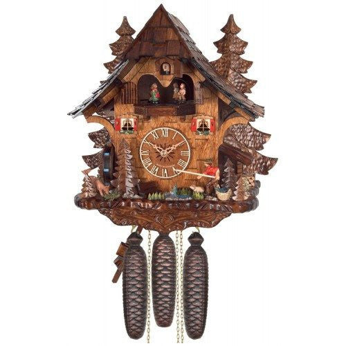8-Day Musical Cuckoo Clock Cottage - Fisherman Raises Pole And Moving Waterwheel - GermanGiftOutlet.com
