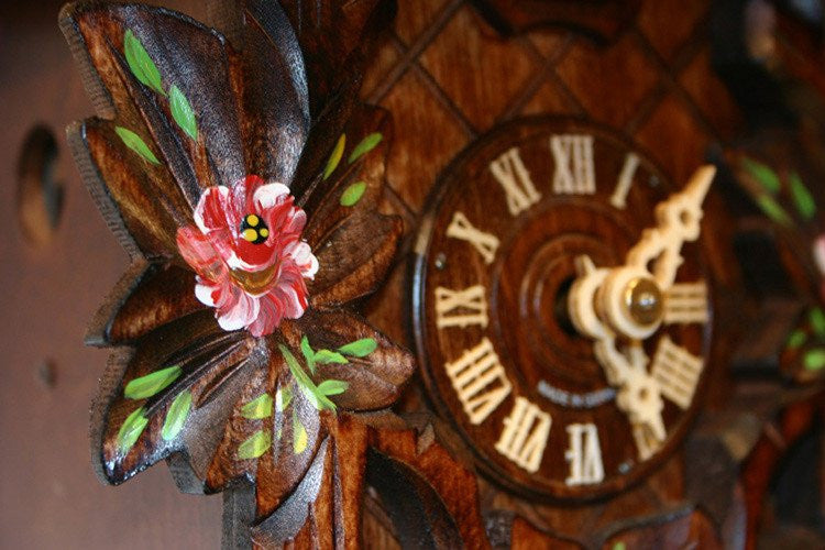 Five Leaves, One Bird and Painted Roses One Day Authentic German Cuckoo Clock. 9" Tall - GermanGiftOutlet.com
 - 2